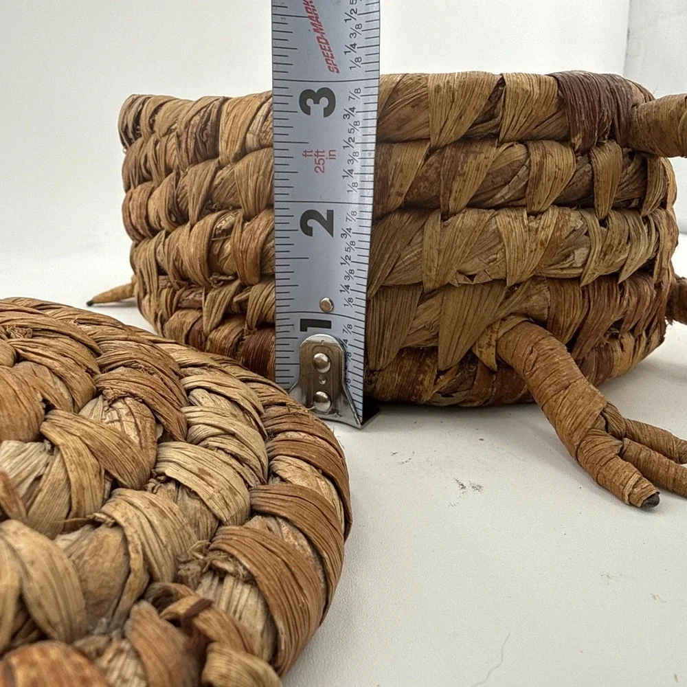 Vtg Handwoven Turtle Armadillo Basket Box Woven Straw Lidded Trinket Container